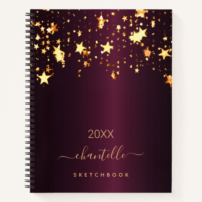Sketchbook burgundy gold stars monogram name notebook (Front)