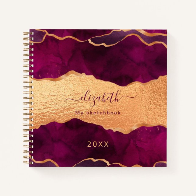 Sketchbook burgundy purple agate marble gold notebook (Front)