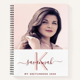 Sketchbook custom photo white rose gold monogram notebook