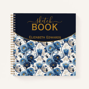 Sketchbook Elegant Blue Roses and Gold Personalize Notebook