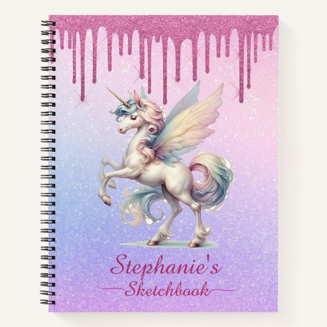 Sketchbook Fairy Unicorn Dripping Pink Glitter Notebook (Front)