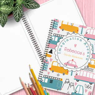 Sketchbook Kids Cute Pink & Teal Vehicle Pattern  Notebook