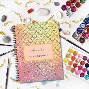 Sketchbook mermaid scales pink purple glitter name notebook