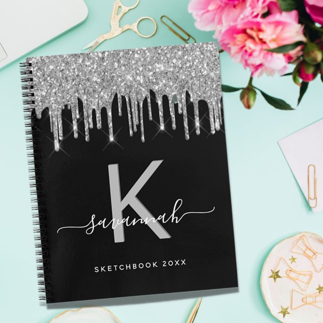 Sketchbook monogram black silver glitter drips notebook (Creator Uploaded)