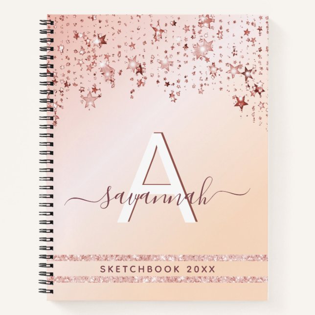 Sketchbook monogram rose gold pink stars notebook (Front)