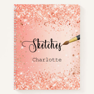 Sketchbook orange rose gold glitter name paint notebook