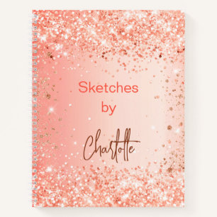 Sketchbook orange rose gold glitter name script notebook
