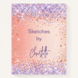 Sketchbook orange violet rose gold glitter script notebook