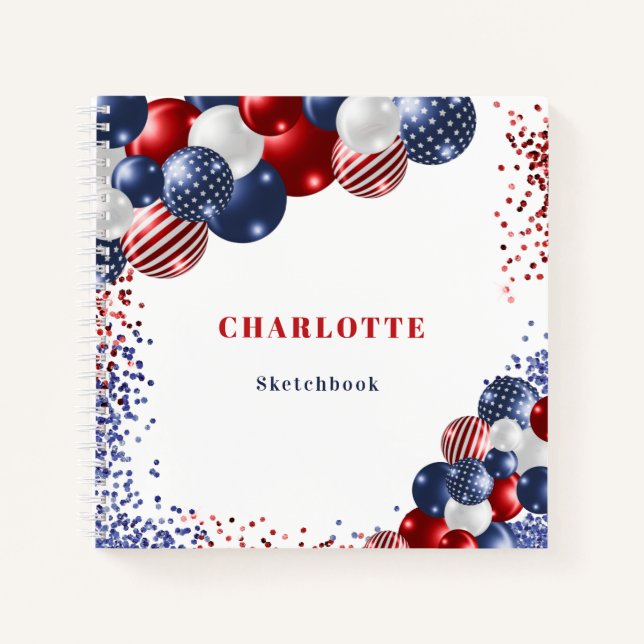Sketchbook patriotic red white blue black balloons notebook (Front)