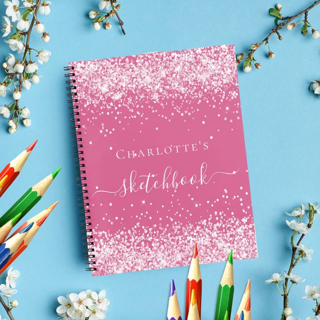 Sketchbook pink blush glitter name script notebook (Creator Uploaded)
