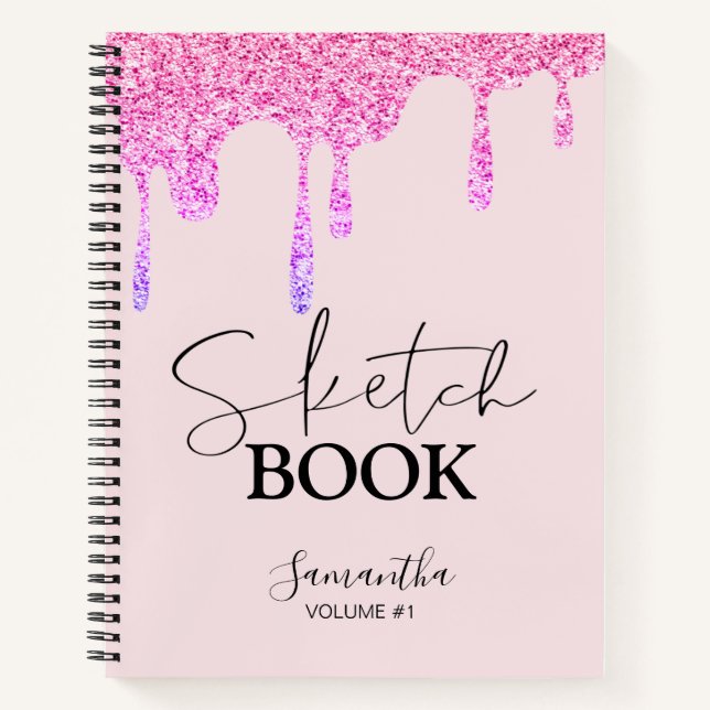 Sketchbook Pink Glitter Drips School Your Name Notebook (Front)