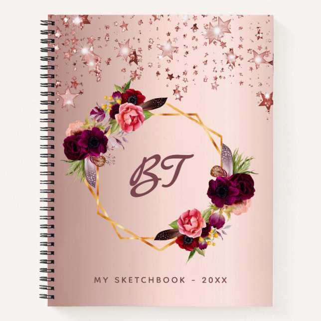 Sketchbook rose gold flowers burgundy monogram notebook (Front)