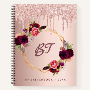 Sketchbook rose gold glitter burgundy monogram notebook