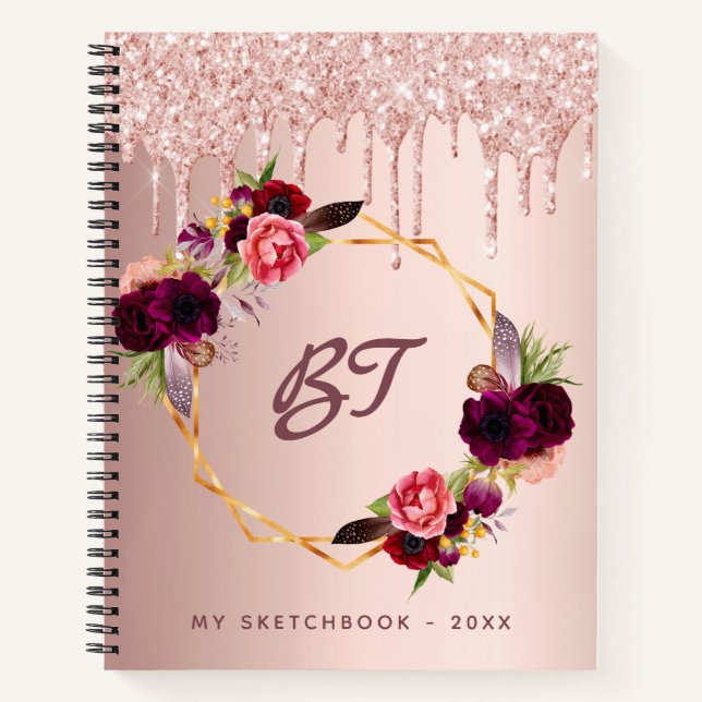 Sketchbook rose gold glitter burgundy monogram notebook (Front)
