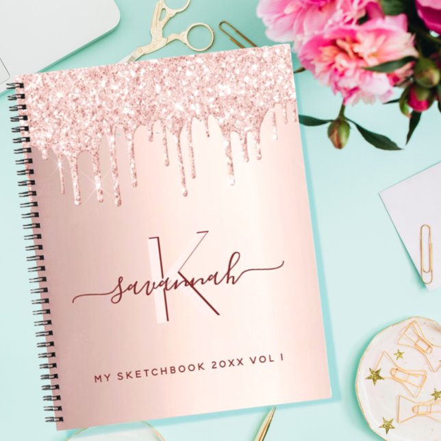 Sketchbook rose gold glitter pink monogram script notebook (Creator Uploaded)