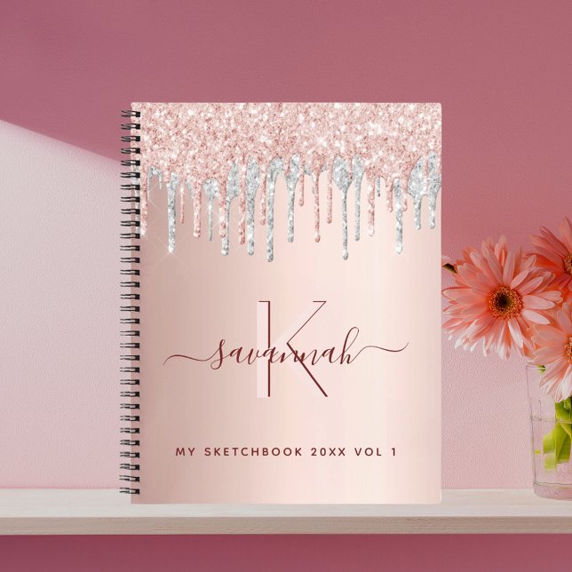 Sketchbook rose gold glitter silver pink monogram notebook (Creator Uploaded)