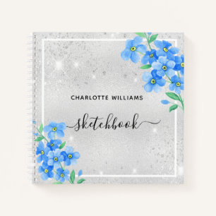 Sketchbook silver blue floral name notebook