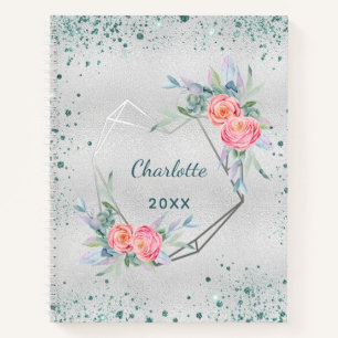 Sketchbook silver florals green glitter dust name  notebook