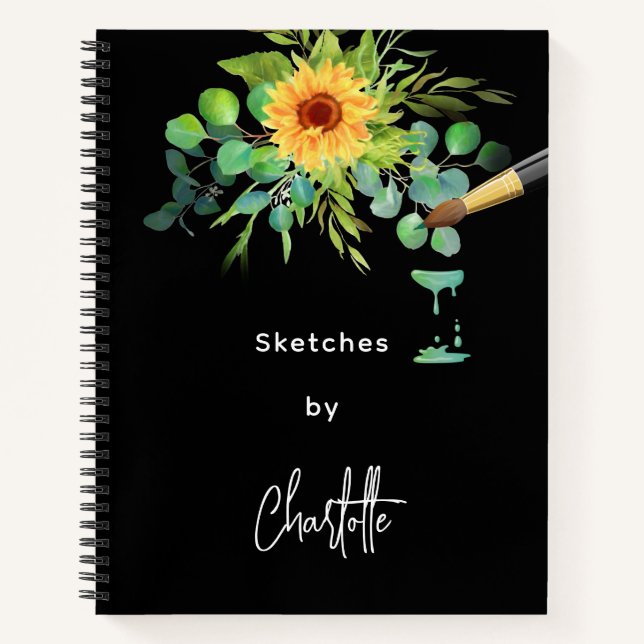 Sketchbook sunflowers eucalyptus black notebook (Front)