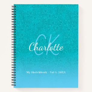 Sketchbook teal blue glitter aqua green monogram notebook