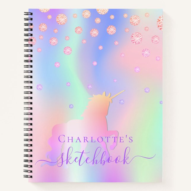 Sketchbook unicorn diamonds pink iridescent name notebook (Front)