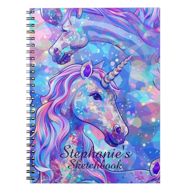 Sketchbook Unicorn Pink Blue Iridescent Name Notebook (Front)