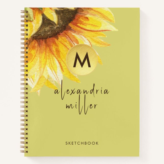 Sketchbook Watercolor Sunflower Monogram Notebook (Front)