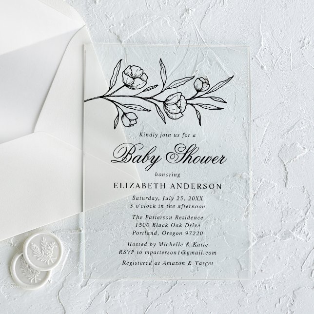 Sketched Black Floral Baby Shower Acrylic Invitations (Creator Uploaded)