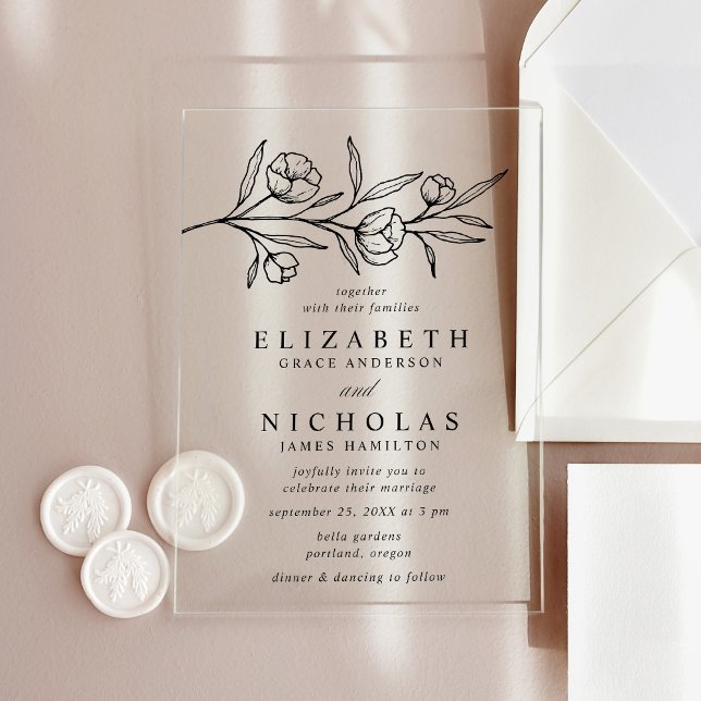 Sketched Black Floral Wedding Acrylic Invitations (Creator Uploaded)