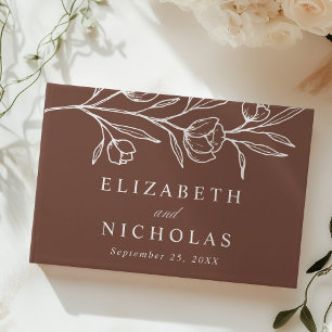 Sketched Brown Floral Photo Wedding Guest Book