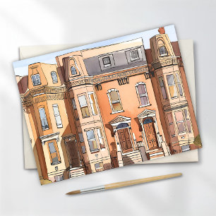 Sketched Brownstones Boston Massachusetts Card