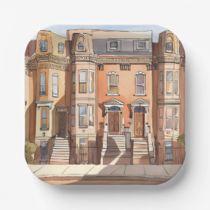 Sketched Brownstones   Boston Street Painting Paper Plate