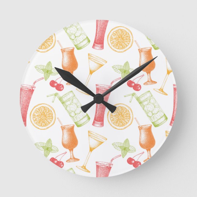 Sketched Cocktail Pattern Round Clock (Front)
