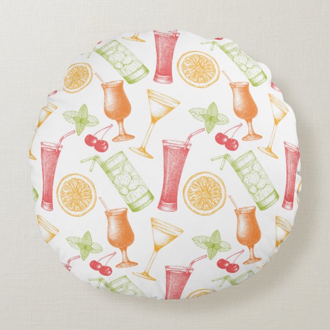 Sketched Cocktail Pattern Round Cushion (Front)