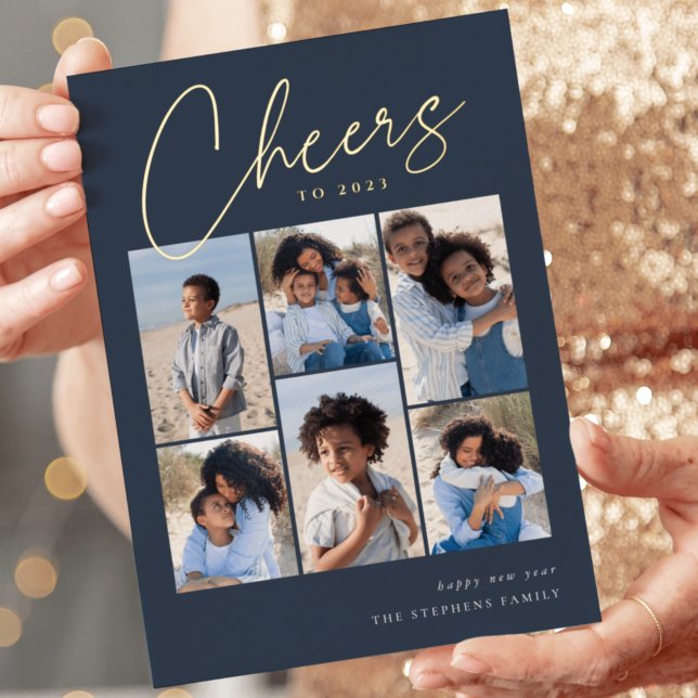 Sketched Cursive 6 Photo Collage New Year Foil Holiday Card (Creator Uploaded)
