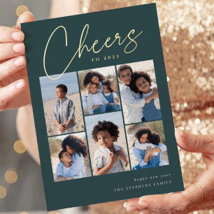 Sketched Cursive 6 Photo Collage New Year Foil Holiday Card