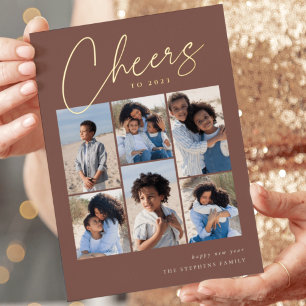 Sketched Cursive 6 Photo Collage New Year Foil Holiday Card