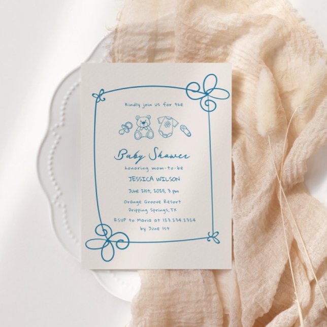 Sketched Cute Wavy Bow Frame Baby Shower Invitation (Creator Uploaded)