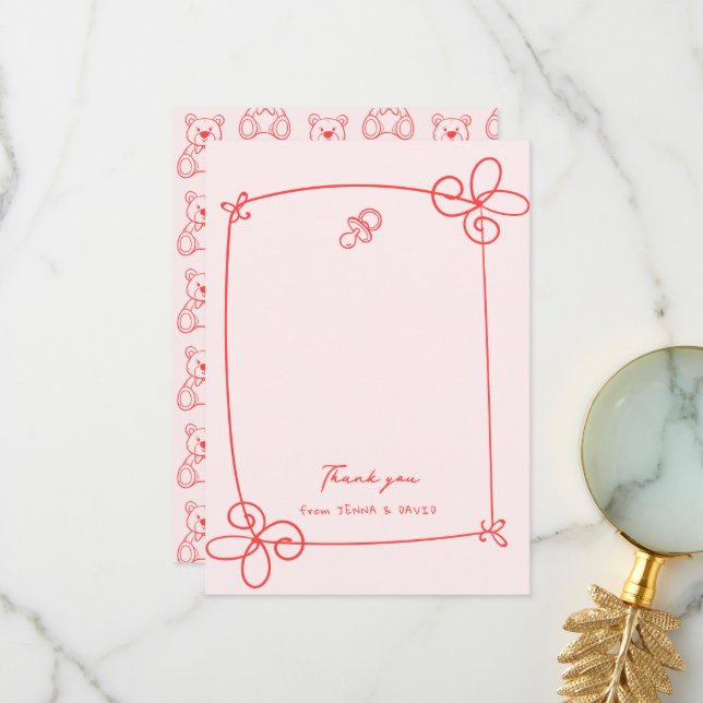 Sketched Cute Wavy Bow Frame Baby Shower Thank You Card (Front/Back In Situ)