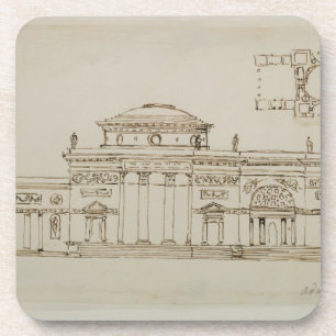 Sketched design for a domed building (pen & ink) coaster
