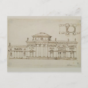Sketched design for a domed building (pen & ink) postcard