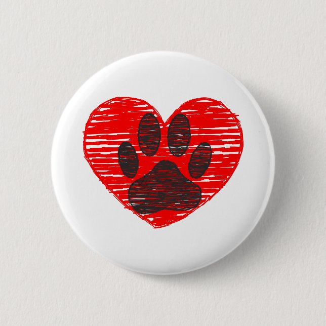 Sketched Dog Paw In Red Heart 6 Cm Round Badge (Front)