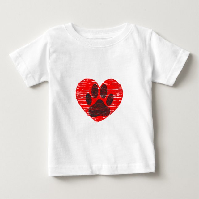 Sketched Dog Paw In Red Heart Baby T-Shirt (Front)