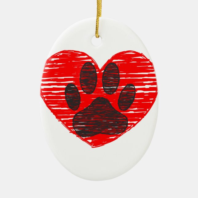 Sketched Dog Paw In Red Heart Ceramic Ornament (Front)