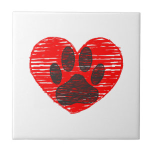Sketched Dog Paw In Red Heart Ceramic Tile
