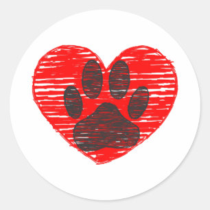 Sketched Dog Paw In Red Heart Classic Round Sticker