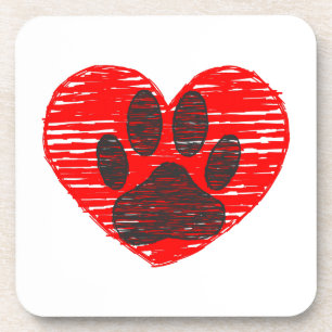 Sketched Dog Paw In Red Heart Coaster