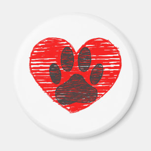 Sketched Dog Paw In Red Heart Magnet