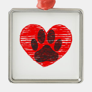 Sketched Dog Paw In Red Heart Metal Ornament