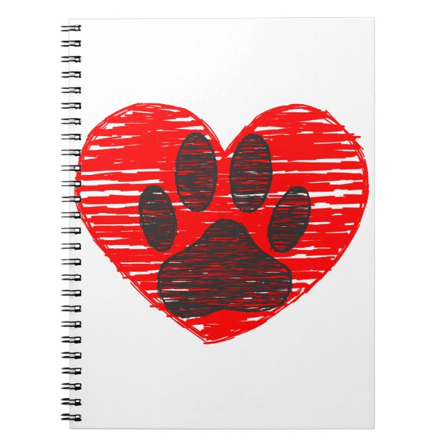 Sketched Dog Paw In Red Heart Notebook (Front)